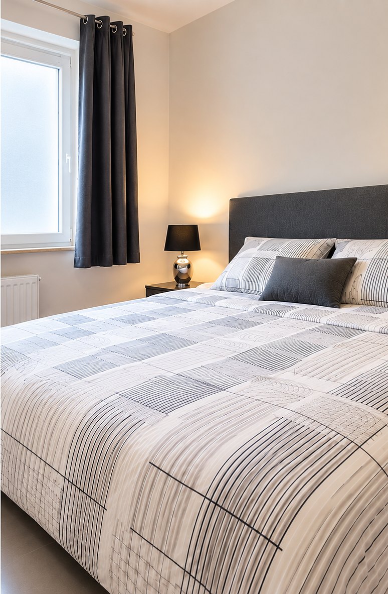 Chambre avec lit king size, tête de lit capitonnée et lampe de chevet allumée